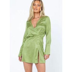 Princess Polly Green Satin Wrap Dress